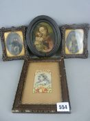 Oval painted Madonna and Child on copper, two daguerreotype photographic portraits of a man and