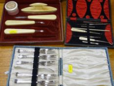 Two vintage cased part manicure sets and a boxed set of EP cake forks