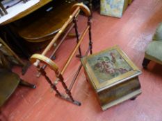 Vintage tapestry top commode and a mahogany towel airer