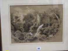 C CUNLIFFE sepia, pencil and pastel drawing - titled 'Pandy Mills', signed