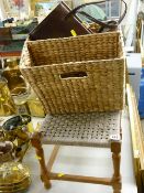String topped footstool, wicker magazine basket and a vintage lady's handbag