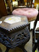 Vintage button upholstered piano stool and a carved marble topped Chinese stand