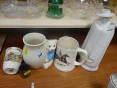 1970's Wedgwood Sandeman flask, a Wade bear hug vase, a Royal Doulton Bunnykins mug etc