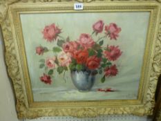Oil on canvas - still life, vase of red roses, indistinctly signed