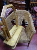 Pine mirror with drawer and a basket weave chair