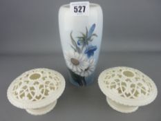 Royal Copenhagen floral decorated vase and two Belleek style pot pourri bowls with reticulated tops