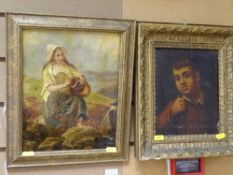 Two 19th Century oils - young man in jacket (on canvas) and a young farm girl collecting water (on