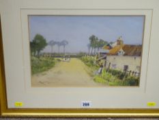 Watercolour study - figures on a lane next to an old farmstead, indistinctly signed
