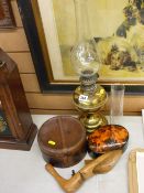 Vintage leather box, treen ware, oil lamp etc