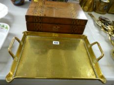 Vintage two handled brass tray and a Victorian inlaid walnut writing slope