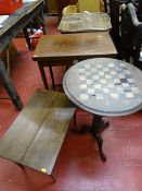 Barley twist games table, a foldover mahogany card table and two vintage occasional tables (