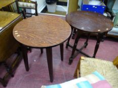 Circular occasional table with turned supports and cross base stretcher and another modern