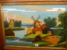 Victorian reverse painting on glass depicting a windmill and cottages near a river outlet