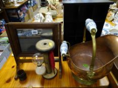 Vintage swing dressing mirror, a mill bobbin with attached sand timer, a vintage style helmet shaped