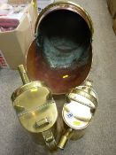 Two vintage brass water cans and a copper coal scuttle