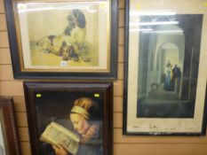Three framed prints - English spaniels, portrait of Rembrandt's mother after the original by