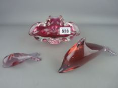 Pink art glass bowl and a dolphin and her youngster