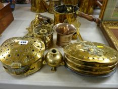 Two vintage chestnut roasters, bronze pestle and mortar and other vintage brass and metalware