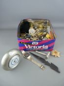 Vintage tin of mixed collectables including costume jewellery, watches, miniature clocks etc