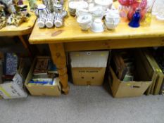 Large pine dining table, 200 x 77 cms and four rush seated ladderback chairs and one other