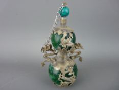 Chinese double gourd scent bottle in malachite stone with white metal dragon mounts