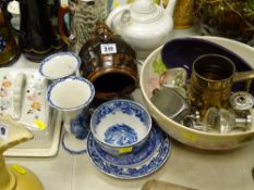 Group of mixed collectables including a vintage style salt pot, a rose decorated pottery fruit