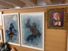 Pair of framed woolwork pictures of frolicking horses and a gilt framed print of an elderly gent
