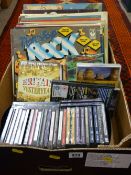 Mixed box of vintage records, music CDs and DVDs