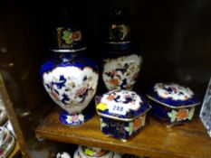 Royal Mandalay - pair of hexagonal lidded boxes and a pair of vases with domed and knopped lids