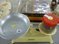 Set of vintage kitchen scales and weights