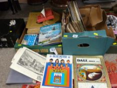 Box of mixed ephemera, vintage annuals and other publications and a box of LP and singles records