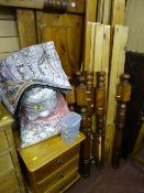 Pine 4ft 6ins bunk bed frame (no mattresses), a small light wood three drawer bedside chest and a