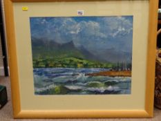 Framed unattributed oil behind glass depicting a stormy sky and choppy lake with berthed boats, 39 x