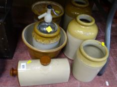 Quantity of stoneware honey jars and containers, a hotwater bottle and a vintage soda syphon