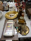 Three vintage trays, a copper and brass fireside companion set with other brass and metalware
