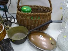 Vintage wicker basket, brass and iron handled cooking pan, copper bedwarmer and a sandwich box and