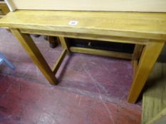 Modern oak occasional table, a modern three shelf bookcase and a three drawer bedside cabinet