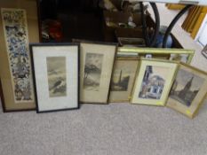 Vintage wall mirror, Oriental silkwork panel, two framed Japanese prints of birds etc