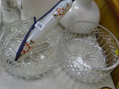 Cut glass fruit bowl and one other and a vintage milk glass rolling pin