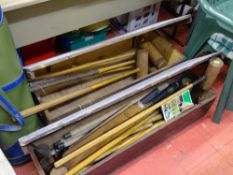 Vintage pine box containing croquet mallets and one other pine box containing vintage cricket bat,