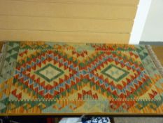 Colourful vegetable dye wool Chobi Kelim carpet runner, single bordered with zig zag edged diamond
