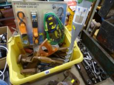 Tub of vintage metal chisels, bit and brace, blow lamp, tie drown straps etc and a metal cased