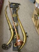 Pair of brass horse's hames, leather strap with horse brasses, hunting horn etc