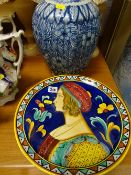 Large Delft style blue floral baluster vase and a pair of Portuguese style figural chargers