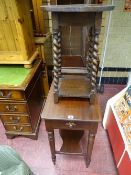 Small occasional table with single drawer and lower shelf and a small circular topped barley twist