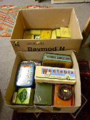 Two boxes of vintage collector's tins, many cigar tins etc