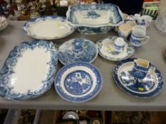 Rectangular Victorian pottery washbowl, quantity of serving and other decorative plates and Willow