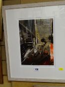 Framed pictorial and mixed media study titled 'Building Operations', initialled J O A