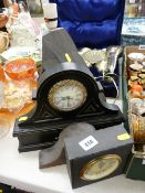 Three vintage and modern mantel clocks and a slate art table lamp