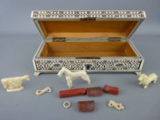 Vintage Indian carved bone decorated box and contents
